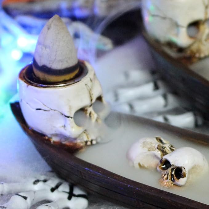 Halloween Incense Burner, backflow Incense Burner,Skeleton Ship Incense Holder,Hand-Carved Decorations,Cool Room Decorations, Awesome and Ideal Gifts, Brown (1pack, 8.5inch)