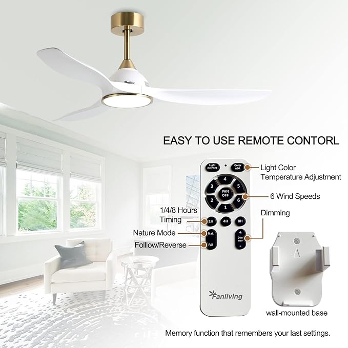 52 Inch High CFM Modern White Gold Ceiling Fan with Lights Remote Control | 6 Speed, Quiet DC Motor, 3 Blade Indoor Bedroom Living Room Ceiling Fan