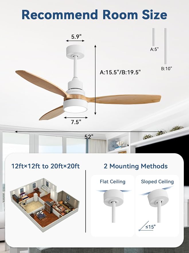 Sofucor 52 Inch Smart Ceiling Fans with Lights and Remote, 3 Blade Solid Wood Ceiling Fan Works with App/Alexa/Google, for Bedroom Living Room Patio Porch