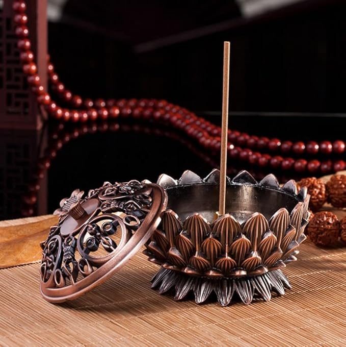 Metal Incense, Anti Corrode Zinc Alloy Material Vintage Lotus Incense Holder Sandalwood for Home Decoration Meditation(Bronze)
