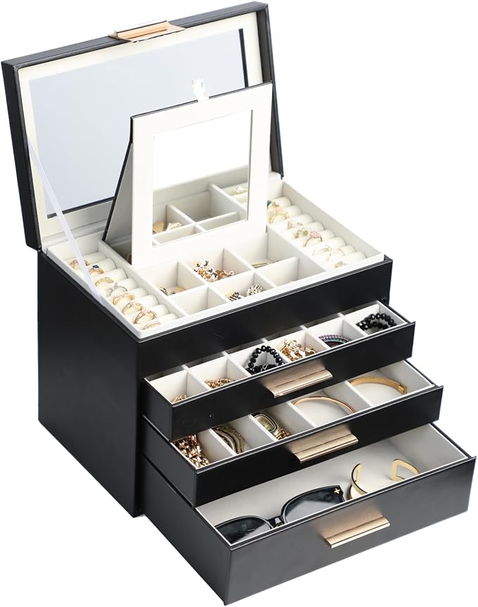 BOOVO Jewelry Boxes for Women, White and Black 6 Layer Large Jewelry Box for Necklace, Bracelet, Earrings, Rings Storage, Jewelry holder Organizer for Girls Gift (Clear Black, 4 layer)