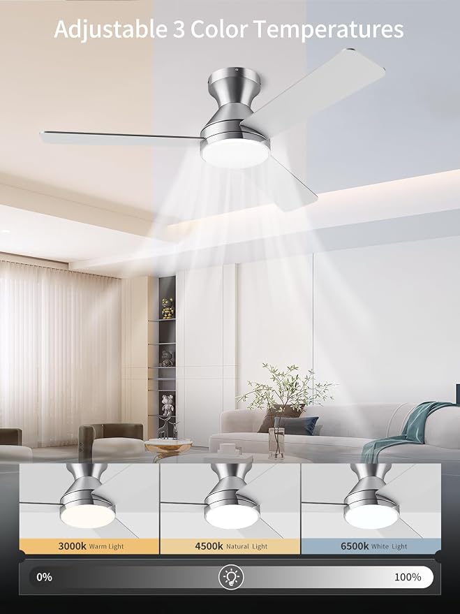 LANMEL Ceiling Fan with Light, Modern Flush Mount Low Profile with Remote Control, Reversible, 3CCT Dimmable, Quiet,LED for Bedroom, Living Room, Indoor/Outdoor Patio Use 42 Inch Silver