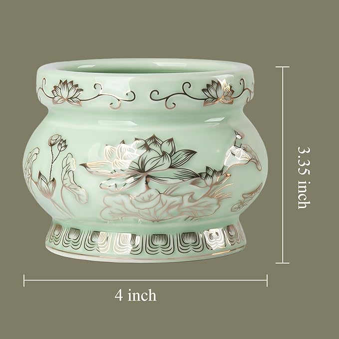Qinlang Small Green Ceramic Buddhist Incense Burner Bowl, Buddha Incense Holder for Stick - 4 Inches