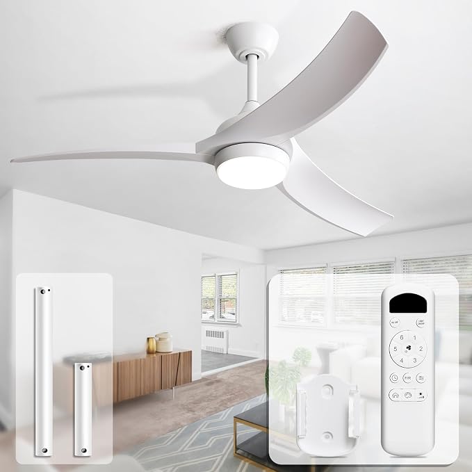 Sofucor 52 Inch Ceiling Fan with Light, Outdoor White Ceiling Fan with Lights Remote Control Airflow 6000CFM 3 CCT Dimmable 3-Timer ABS 3 Blades Reversible DC Motor for Living Room Bedroom Patio