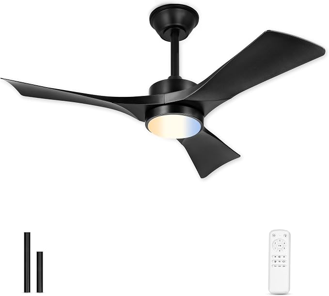 42 Inch Indoor Outdoor Ceiling Fan with Light and Remote, 3CCT Dimmable LED, Modern Black Ceiling Fan, Reversible Motor, Quiet 3-Blade Fan for Bedroom, Covered Patio, ZCCF08BK-42