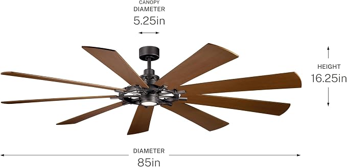 Kichler Gentry XL 85" Ceiling Fan with Lights, 1-Light LED, 3000K, 9-Blade Modern Rustic Fan for Bedroom in Anvil Iron, (85" W x 16.5" H), 300285AVI