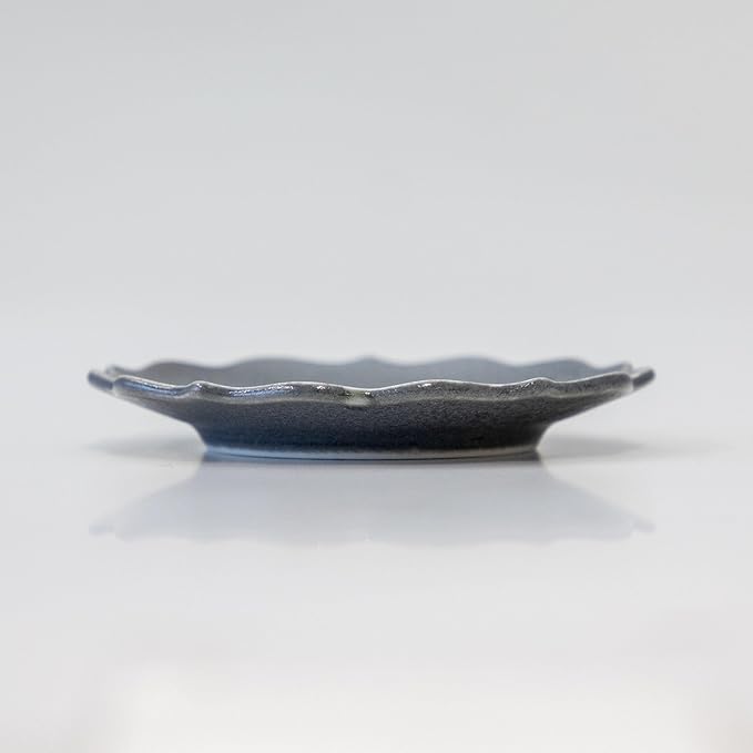 Asayu Japan Incense Holder - Matte Gray Crystal “Kikyo” Flower Shape - Mino Ware Ceramic Ash Catcher Plate with Brass Holder (Ginnezu Kikyo)
