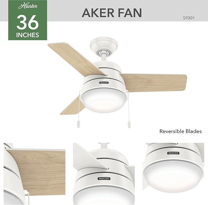 Hunter Aker, Indoor, Ceiling Fan, Modern, Small, 36 inch, Fresh White | with LED Light and Pull Chain, Standard Mount, Quiet, 3 Blades, For Bedroom, Home Office, Laundry Room, 59301