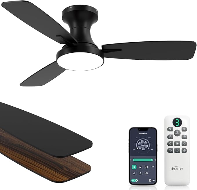 42 inch Smart Ceiling Fan with Light, Low Profile Flush Mount with Remote Control, Ultra-Quiet Reversible DC Motor, 3 Color Temperatures & 6 Speed Dimmable Lighting for Bedroom, Black