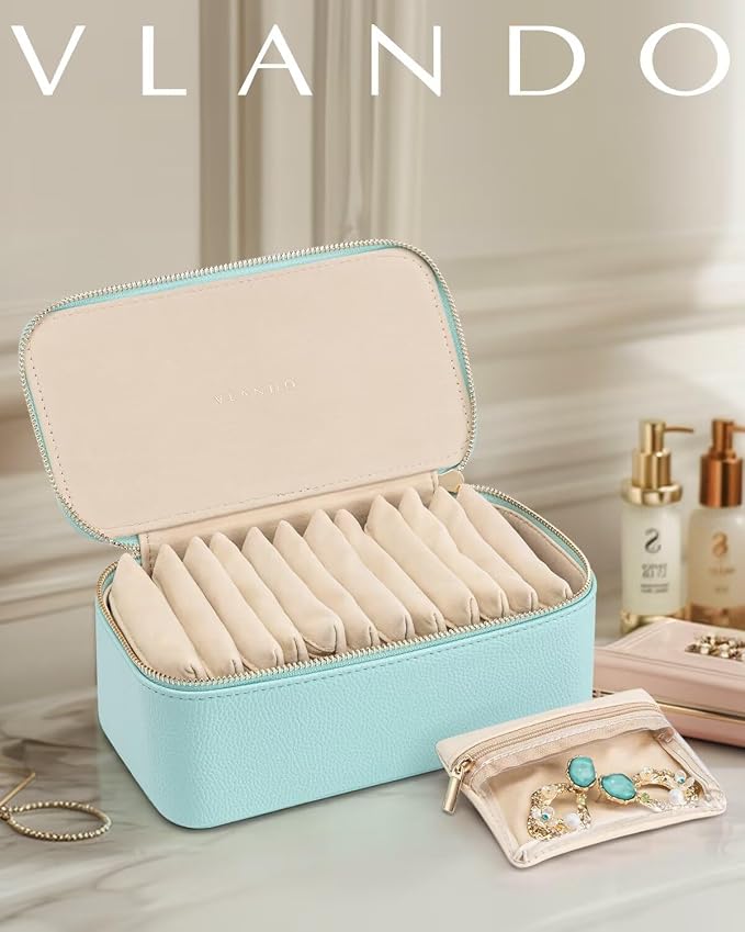 VLANDO Jewelry Travel Case,Travel Jewelry Organizer with Clear Velvet Jewelry Bags 12Pcs Zipper Pouch for Women Girl Trendy Stuff Gift-Lake Blue