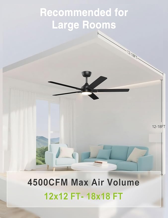 DAMINY 52 inch Black Ceiling Fans with Lights,5 Blades,3CCT, Low Profile,Remote Control,for Bedroom, Kitchen,Living Room,Indoor/Outdoor Use,Downrod