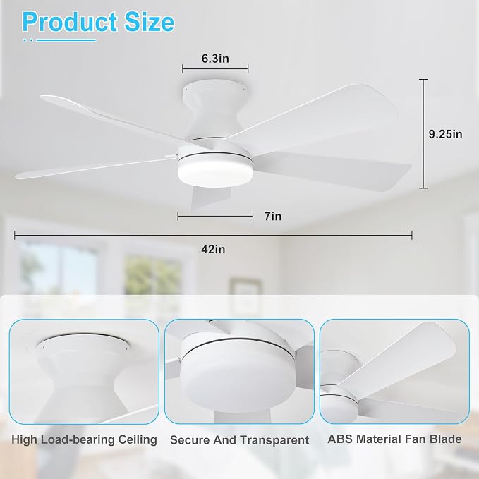 Depuley Modern Ceiling Fan with Light: 42-Inch White Small Fans for Bedroom Indoor Outdoor - Dimmable Low Profile Ceiling Fans with Remote Control Flush Mount 5 Reversible White Blades 6 Speeds Timer
