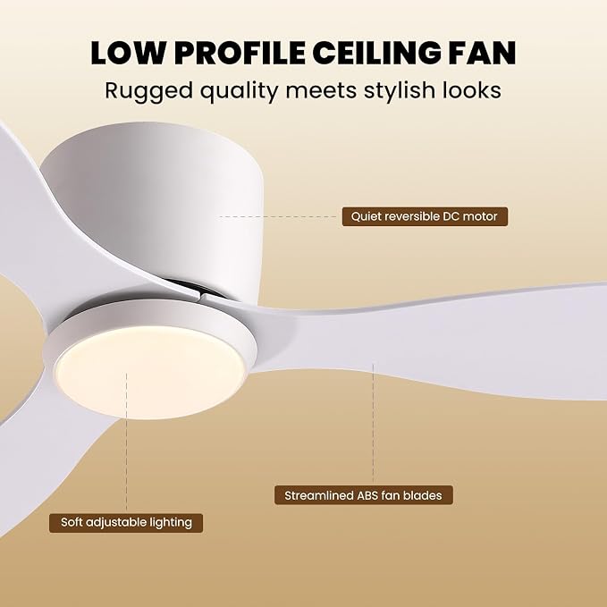 LUDOMIDE Ceiling Fans with Lights,52 Inch Low Profile Ceiling Fan with Wall Control and Remote Control,Dimmable,Flush Mount Ceiling Fan with Noiseless DC Reversible Motor for Bedroom Indoor Use