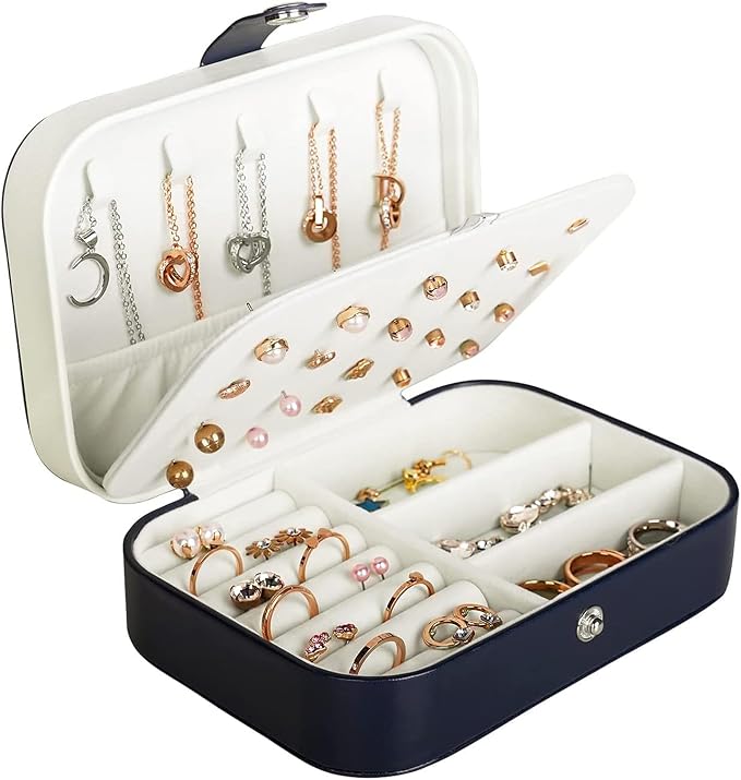 Hatori Travel Jewelry Box, PU Leather Small Jewelry Organizer for Women Girls, Double Layer Portable Mini Travel Case Display Storage Holder Boxes for Stud Earrings, Rings (Blue)
