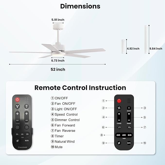Conciseer Modern Ceiling Fans with Lights,52 Inch Ceiling Fans with Remote for Bedroom Living Room Kitchen, 18W 6CCT Dimmable，5 Blades 6 Speed Reversible Quiet DC Motor White