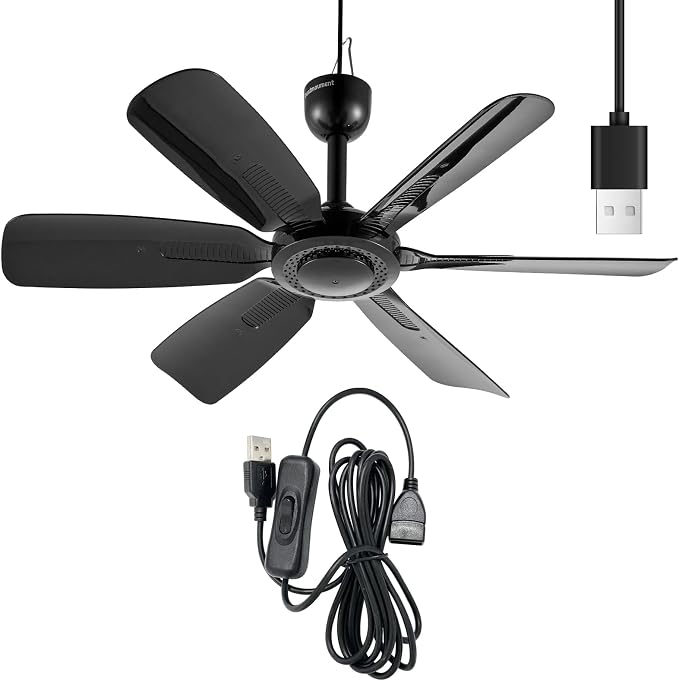 17.7" Inch Small Portable Ceiling Fan with ON/OFF switch, USB Plug In, 5V DC Powered, 6 Blades, Indoor/Outdoor RV Camping Tent Canopy, Gazebo，Beach，Hanging, Quiet,black