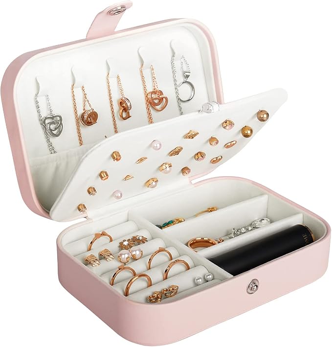 Hatori Travel Jewelry Box, PU Leather Small Jewelry Organizer for Women Girls, Double Layer Portable Mini Travel Case Display Storage Holder Boxes for Stud Earrings, Rings (Pink)