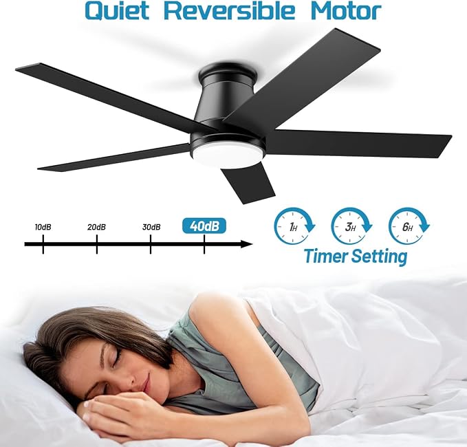 wurzee 52" Flush Mount Low Profile Ceiling Fan, Black, 6 Speeds DC Reversible Motor, Timing, Dimmable for Indoor, Patio, Porch, Garage, Shop, Factory, Warehouse