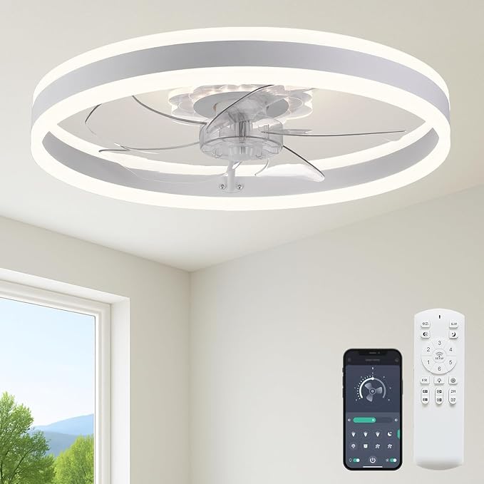 FSZDORJ 24'' Ceiling Fan with Light and Remote, Low Profile Ceiling Fan with Light, Dimmable Flush Mount Ceiling Fan Light, 6 Speeds Fan, App&Remote Control, Fandelier Quiet Fan for Bedroom F105 White