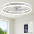 FSZDORJ 24'' Ceiling Fan with Light and Remote, Low Profile Ceiling Fan with Light, Dimmable Flush Mount Ceiling Fan Light, 6 Speeds Fan, App&Remote Control, Fandelier Quiet Fan for Bedroom F105 White