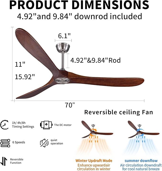 Bigzone 70" Outdoor Ceiling Fan with Remote No Light, 3 Wood Blades, Brushed Nickel Finish, Reversible Wood Ceiling Fan