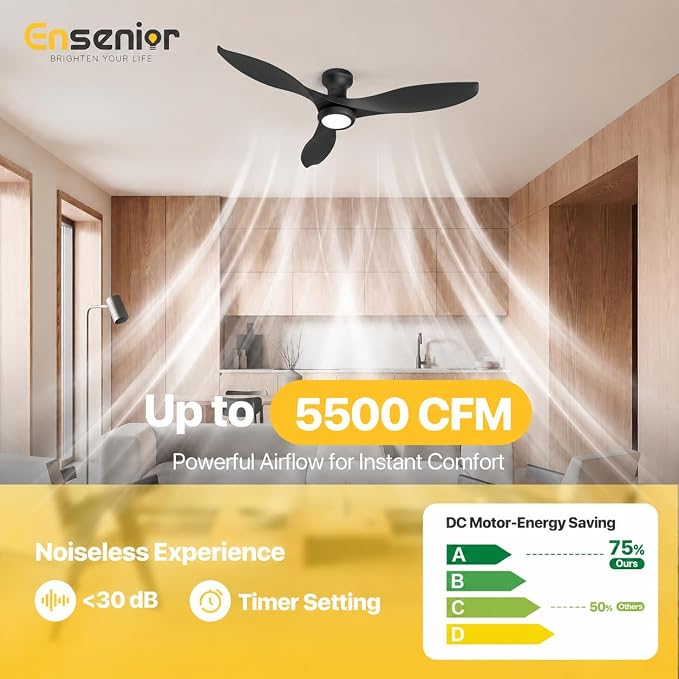 Ensenior 52 Inch Flush Mount Ceiling Fan with Light and Remote, Black Low Profile Ceiling Fans with Lights for Bedroom Living Room, 3 ABS Blades, Modern Quiet Reversible DC Motor, 3CCT, 6 Speeds