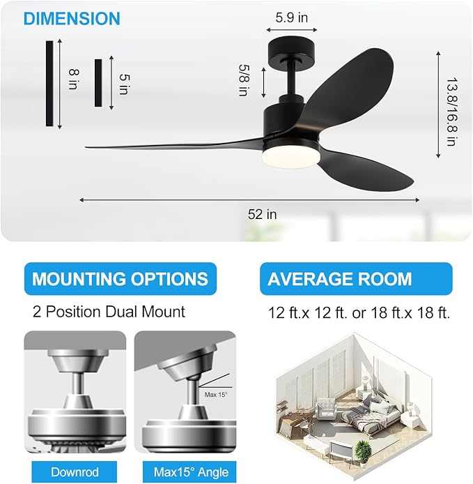 52" Ceiling Fans with Lights and Remote, Quiet DC Motor, 3 Reversible Blades, 6-Speed, Modern Industrial Black Ceiling Fan with 3-Color LED Light Fandelier for Bedroom Living Room