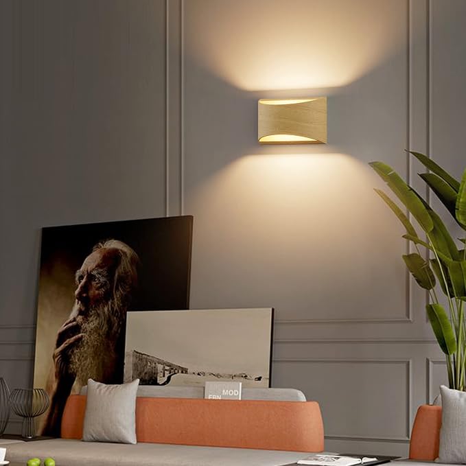 Aipsun Aluminum Modern LED Wall Sconce Hardwired Interior Wall Lights Set of 2 Wood Texture Up and Down Wall Mount Light for Living Room Bedroom Hallway Corridor Warm White 3000K(with G9 Bulbs)
