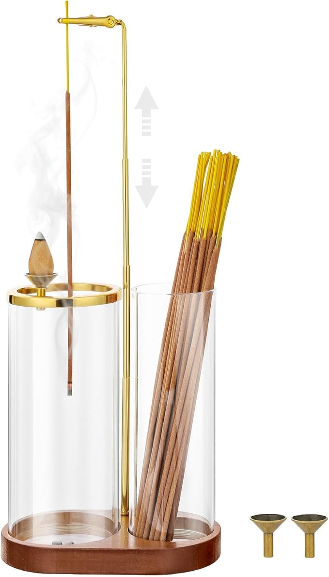 3 in 1 Incense Holder for Sticks Upside Down Anti-Ash Incense Burner with Glass Ash Catcher Backflow Cone Incense Diffuser with Adjustable Threaded Mounting for Mediation Yoga Spa Gifts Home Decor