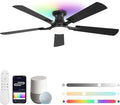 ZMISHIBO 52 Inch Smart Ceiling Fans with RGB Lights, Low Profile Flush Mount Ceiling Fan with Alexa/App/Remote Control, Dimmable 20W LED Light, Black Modern Fan for Living Room, Bedroom, Game Room