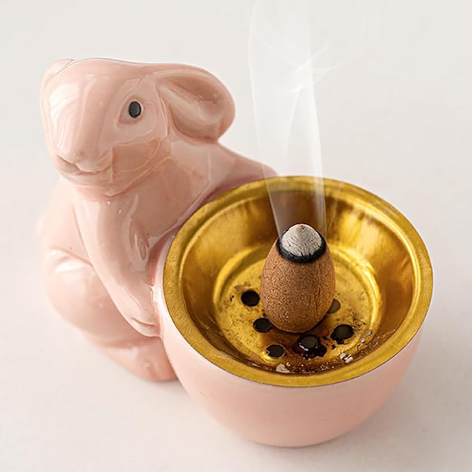Ceramic Rabbit Incense Burner Rabbit Figurines Statue Ornament Easter Incense Sticks Holder Waterfall Arab Incense Holder for Home Decor (Pink)