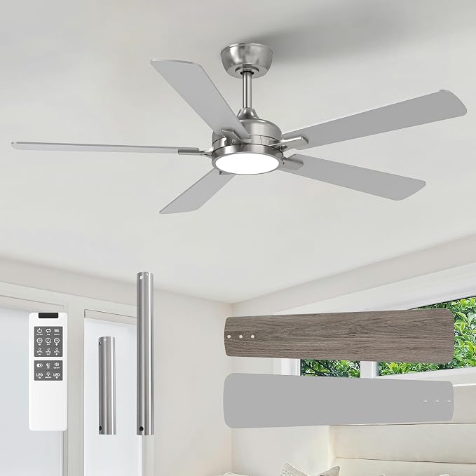 OPONL Ceiling Fan with Light, Ceiling fan with Light and Remote Control, Reversible, 6CCT, Dimmable, Noiseless, Ceiling Fan for Bedroom, Indoor/Outdoor Use, Nickel, 52 inch, Classic