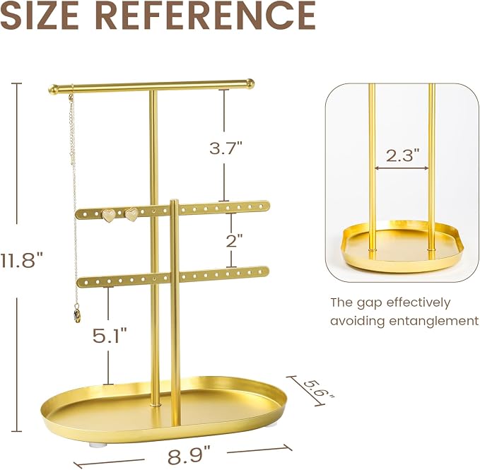 Saydear 3-Tier Jewelry Organizer Stand, Earring Holder Necklace Tree | Gold Metal Earring Rails With Top Necklace Bar, Oval Tray Base, Ideal Vanity Dresser Decor, Gift For Her