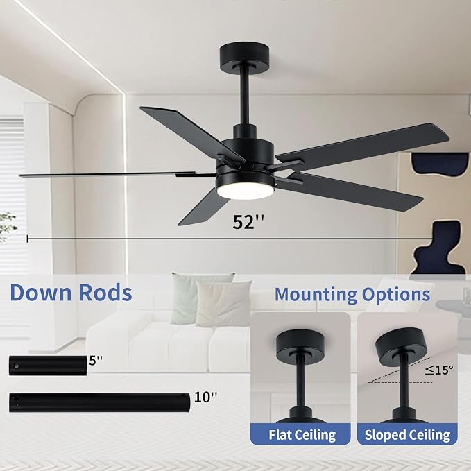 LANMEL 52'' Black Ceiling Fans with Lights and Remote, 6 Speed Low Profile Modern Ceiling Fan with Quiet DC Motor for Indoor Outdoor Bedroom Living Room