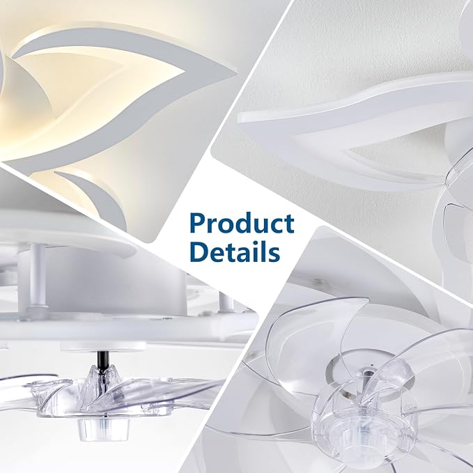 32inch White Flower Modern Ceiling Fans with Lights, Low Profile Ceiling Fan with Remote for Bedroom, Flush Mount Ceiling Fan with LED Dimmable Light,6-Speeds, Timing Ceiling Fan Light