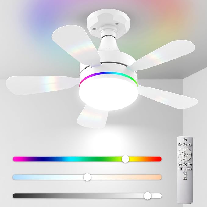 Socket Ceiling Fan with Light, E26 Base 17.5in - 3000LM Ultra Bright, Dimmable 3000K-6500K & RBG, 6 Speeds with Remote, Reversible Motor for Bedroom, Living Room, Kitchen