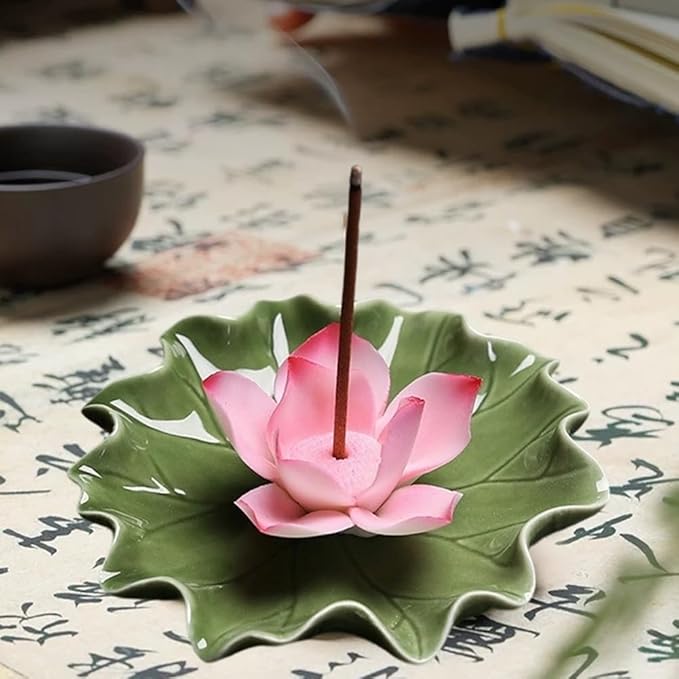 CREATCABIN Lotus Ceramic Incense Holder Incense Burner Stick Detachable Ash Catcher Lotus Leaf Burners Tray for Sticks Home Yoga Teahouse Zen Buddhist Altar Purify Spiritual Supplies Hot Pink 3.54in