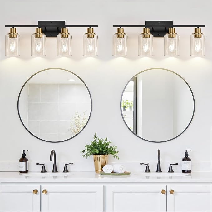 Indoi 4-Light Bathroom Light Fixtures, Black and Gold Modern Vanity Lights with Clear Glass Shades, Bathroom Wall Lamp for Mirror Living Room Cabinet Bedroom Porch