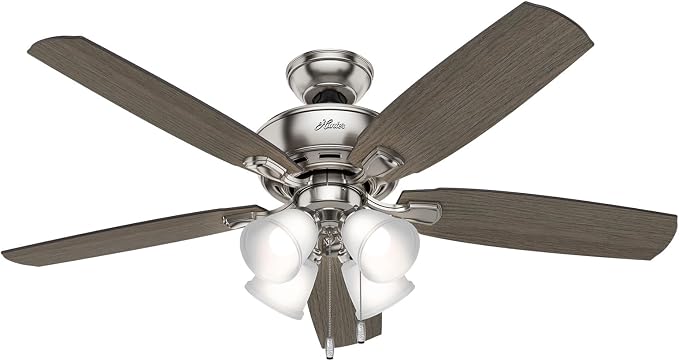 Hunter Amberlin, Indoor, Ceiling Fan, Pull Chain, 52 inch, Brushed Nickel | with LED Lights, Standard Mount, 5 Blades, For Bedroom, Living Room, Includes Bulbs, 53216