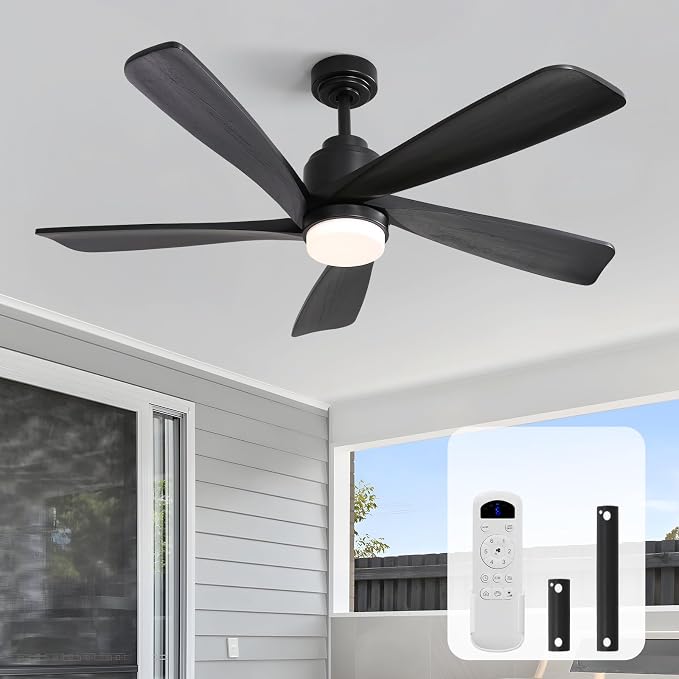 Sofucor Black Ceiling Fan with Lights and Remote, 52 Inch Modern Wood Ceiling Fan for Indoor Farmhouse Bedroom Living Room Outdoor Patio Porch, Reversible DC Motor, 5 Blade