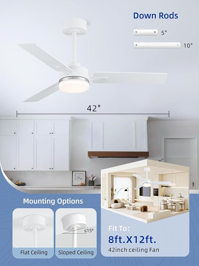 LANMEL Ceiling Fan with Light, Modern Flush Mount Low Profile with Remote Control, Reversible, 3CCT Dimmable, Quiet,LED for Bedroom, Living Room, Indoor/Outdoor Patio Use 42 Inch Silver & White