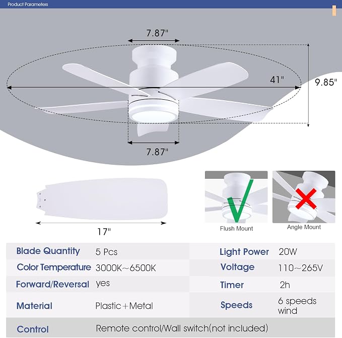 Wiviniya Ceiling Fans with Lights and Remote Control, 41 inch Low Profile Flush Mount Ceiling Fan, 3 CCT LED Dimmable Lights 5 Reversible Plastic Blades 6 Speeds for Bedroom Living Room, White