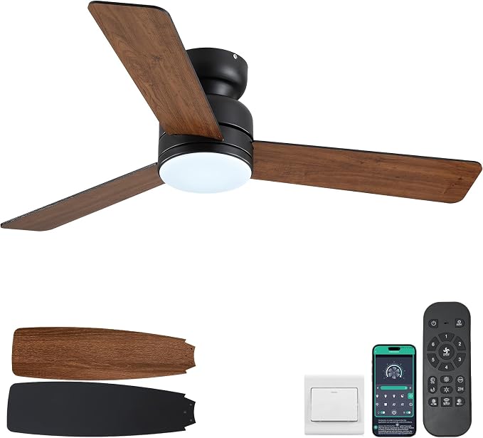 Kviflon 46 Inch Ceiling Fans with Lights and Remote/APP Control, Low Profile Ceiling Fan with Lamp, Flush Mount, 3CCT, 3 Reversible Blades 6 Speeds, Double Sided Fans for Bedroom, Brown+Black