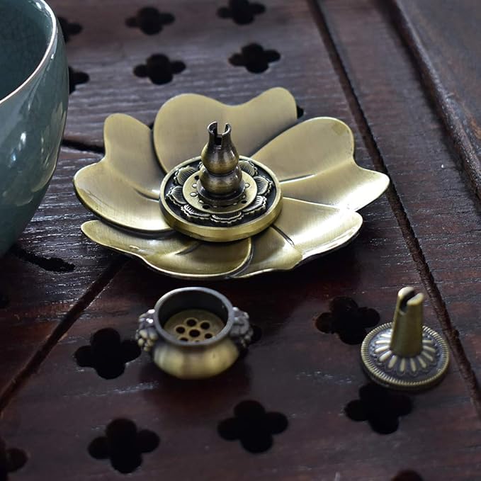 Sakura Flower Incense Holder, 5PCS Bronze Incense Burner Holder with Silk Pouch, Bowl-Shape, Lotus Multihole, Cone Shape and Gourd-Shape Ash Catcher Yoga Room Living Room Bedroom Home Fragrance