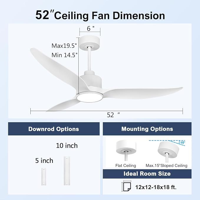 52 Inch Quiet White Ceiling Fan with Lights and Remote, Morden 3 Blades Large Airflow Ceiling Fan, Dimmable LED Light for Bedroom, Living Room