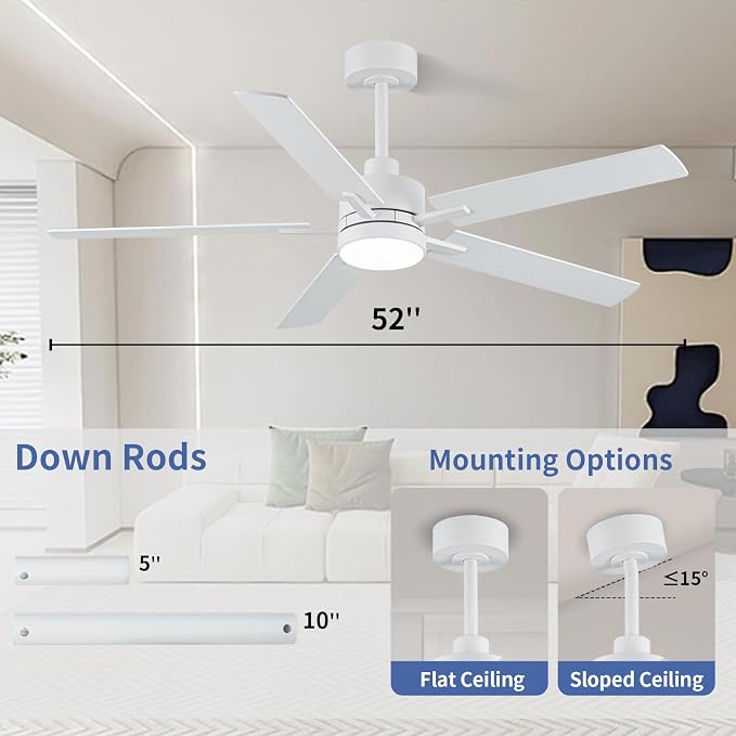 LANMEL 52'' White Ceiling Fans with Lights and Remote, 6 Speed Low Profile Modern Ceiling Fan with Quiet DC Motor for Indoor Outdoor Bedroom Living Room