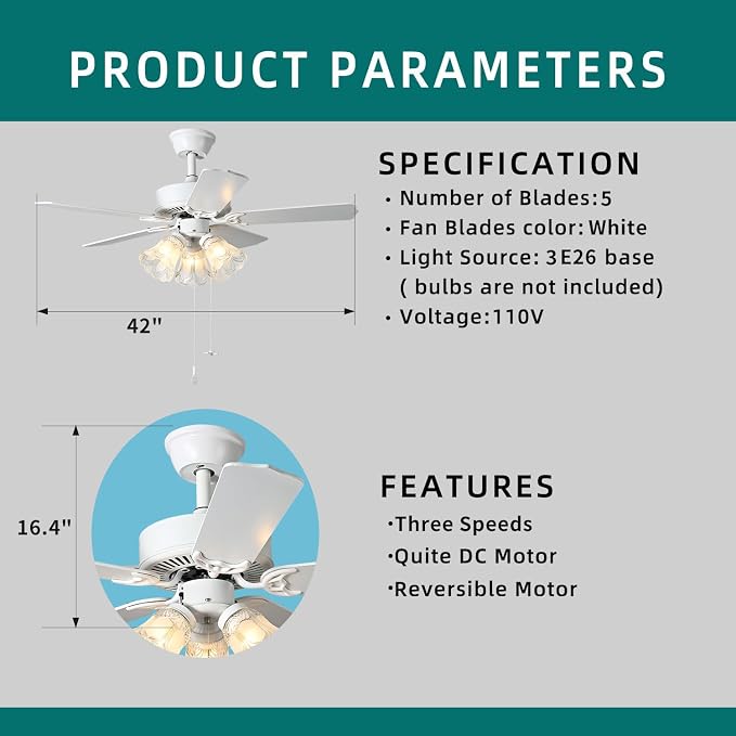 42 Inch Indoor Ceiling Fan with Pull-chain and Three LED Light Bulbs Base, Traditional 3-Speeds Reversible Blades Ceiling Fan (White)