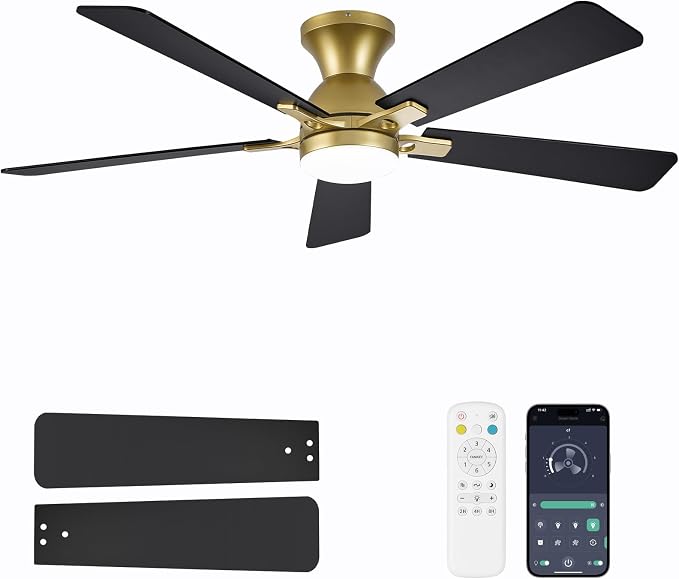 Ceiling Fans with Lights, 52 Inch Low Profile Ceiling Fan with Light and Remote Control, Flush Mount, Reversible, 3CCT, Dimmable LED, Quiet, Gold Ceiling Fan for Bedroom, Living Room