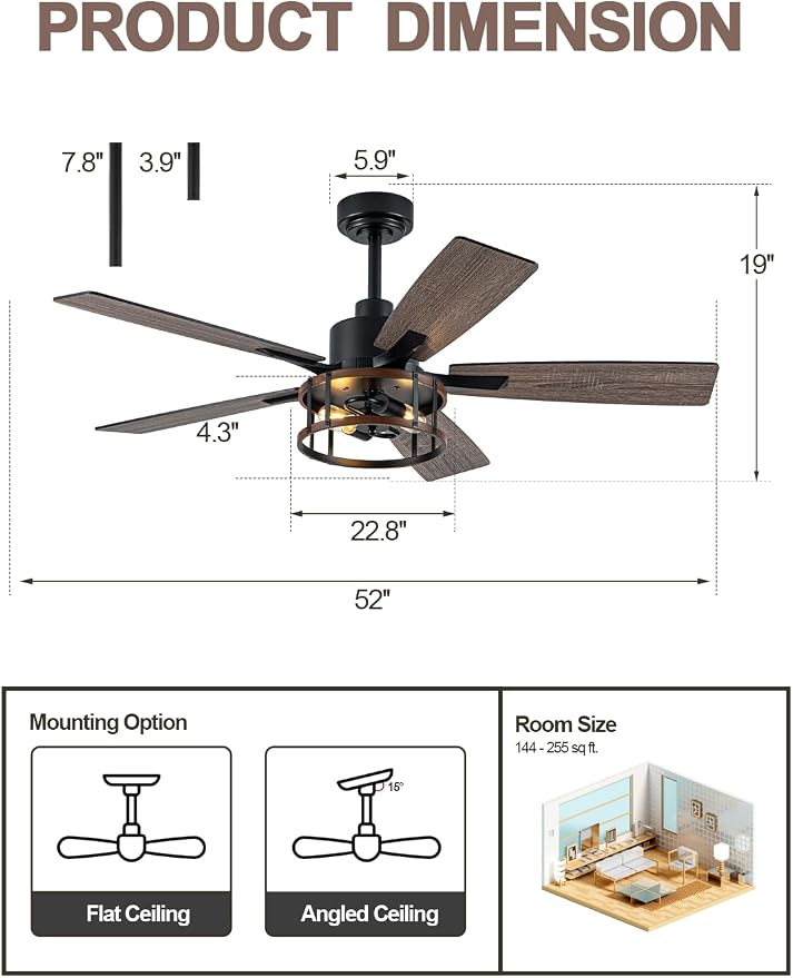52 Inch Farmhouse Ceiling Fan with Light Rustic Ceiling Fan Quiet and Reversible DC Motor Industrial Caged Chandelier Fan for Living Room Bedroom Patio