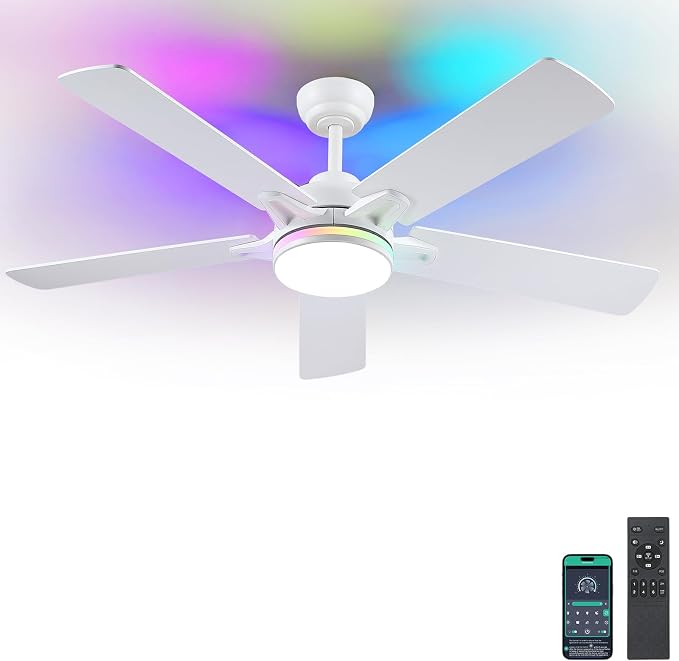 Kviflon 52 Inch Ceiling Fans with Lights, Modern RGB Ceiling Fans, White Ceiling Fan with Light for Bedroom Living Room, Remote/APP Control, Reversible Quiet DC Motor, Dimmable LED, Wooden Blades
